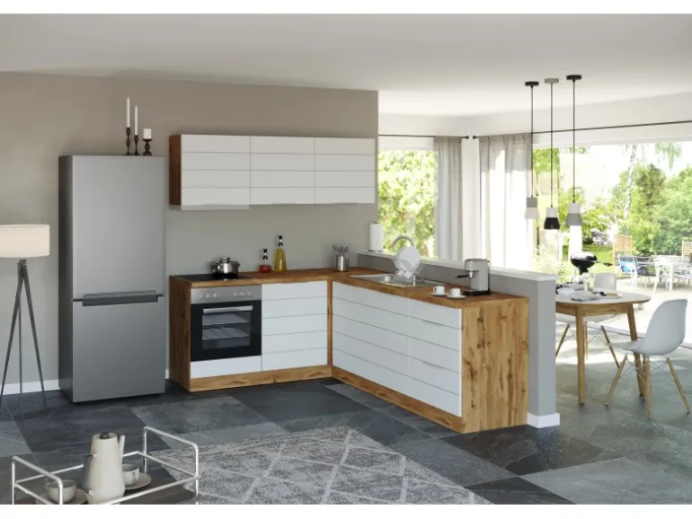 Held Möbel Winkelküche 240 cm - 180 cm Matt Weiß-Wotaneiche