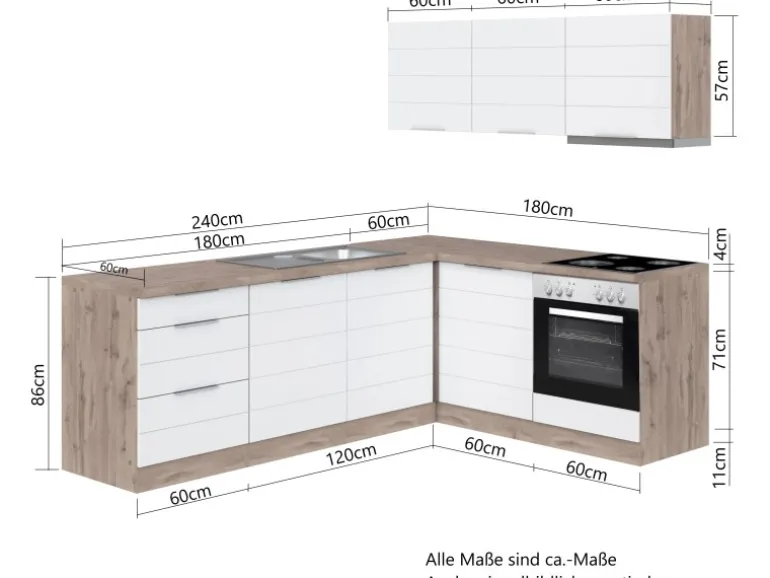Held Möbel Winkelküche 240 cm - 180 cm Matt Weiß-Wotaneiche ohne E-Geräte