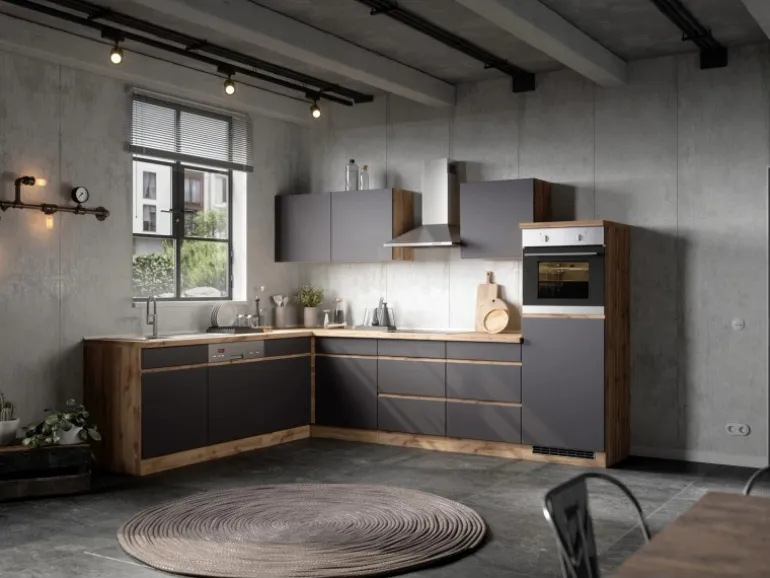 Held Möbel Winkelküche Turin 300 x 240 cm Graphit-Wotaneiche mit E-Geräten