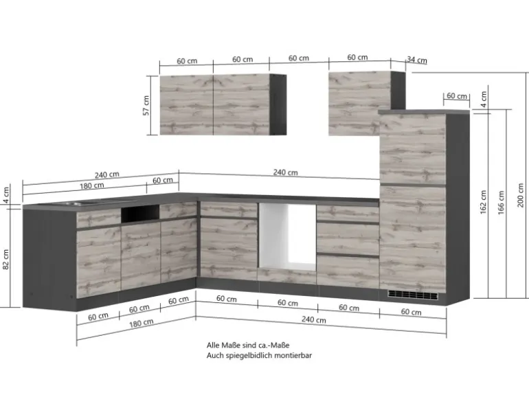 Held Möbel Winkelküche Turin 240 x 300 cm Wotaneiche-Graphit ohne E-Geräte