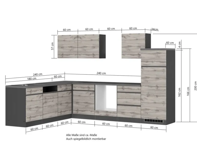 Held Möbel Winkelküche Turin 240 x 300 cm Wotaneiche-Graphit ohne E-Geräte