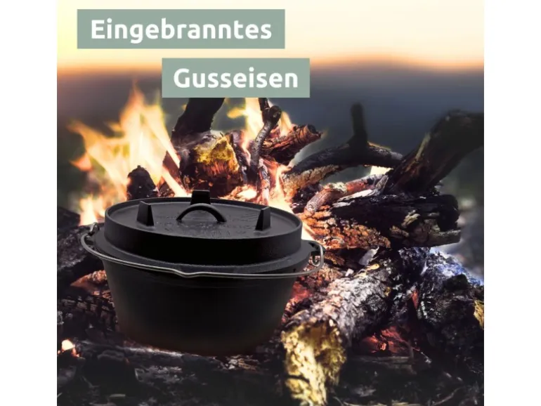 holz4home Dutch Oven Set 9teilig in Holzkiste 3,6L Feuertopf Viel Zubehör Kleiner Topf, Grillplatte, Pfanne, Handschuhe