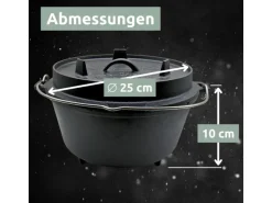 holz4home Dutch Oven Set 9teilig in Holzkiste 3,6L Feuertopf Viel Zubehör Kleiner Topf, Grillplatte, Pfanne, Handschuhe