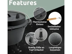 holz4home Dutch Oven Set 9teilig in Holzkiste 3,6L Feuertopf Viel Zubehör Kleiner Topf, Grillplatte, Pfanne, Handschuhe