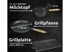 holz4home Dutch Oven Set 9teilig in Holzkiste 3,6L Feuertopf Viel Zubehör Kleiner Topf, Grillplatte, Pfanne, Handschuhe