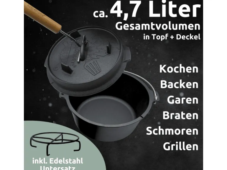 holz4home Dutch Oven Set 9teilig in Holzkiste 3,6L Feuertopf Viel Zubehör Kleiner Topf, Grillplatte, Pfanne, Handschuhe