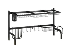 HOMCOM Abtropfgestell Geschirr 2-Stufig 51-93 cm mit Haken Stahl Schwarz