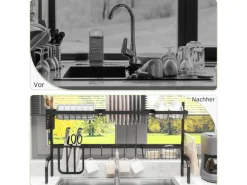 HOMCOM Abtropfgestell Geschirr  2-Stufig 51-93 cm mit Haken Stahl Schwarz