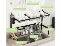 HOMCOM Abtropfgestell Geschirr  2-Stufig 51-93 cm mit Haken Stahl Schwarz