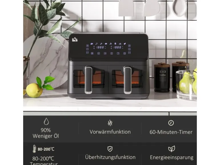 HOMCOM Heißluftfritteuse Stahl Kunststoff Schwarz 38,5L x 38B x 30,5H cm