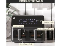 HOMCOM Heißluftfritteuse Stahl Kunststoff Schwarz 38,5L x 38B x 30,5H cm