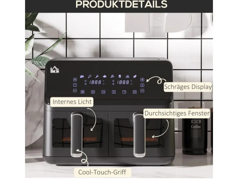 HOMCOM Heißluftfritteuse Stahl Kunststoff Schwarz 38,5L x 38B x 30,5H cm