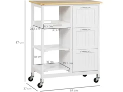 HOMCOM Küchenwagen mit 3 Schubladen & 3 Ebenen Arbeitsplatte Weiß  67 x 37 x 85 cm