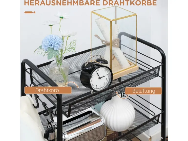 HOMCOM Servierwagen mit Haken Stahl Schwarz 45L x 26,5B x 84H cm
