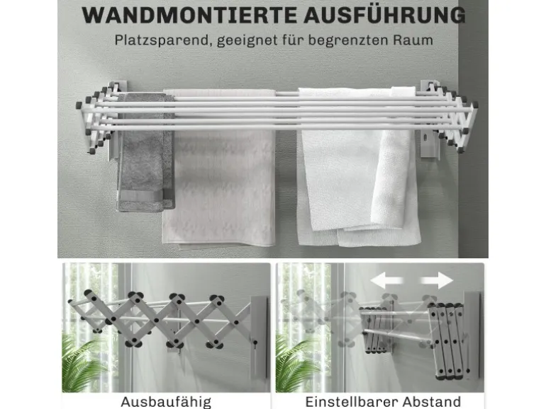 HOMCOM Wäscheständer Wand Ausziehbar Wäschetrockner 86 x 61 x 22 cm Silber