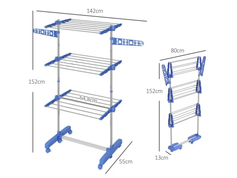 HOMCOM Wäschetrockner mit Rollen Seitenflügel Stahl Blau 80/142 x 55 x 152 cm