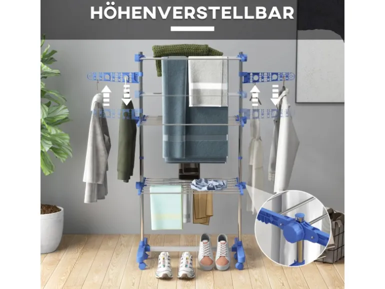 HOMCOM Wäschetrockner mit Rollen Seitenflügel Stahl Blau 80/142 x 55 x 152 cm