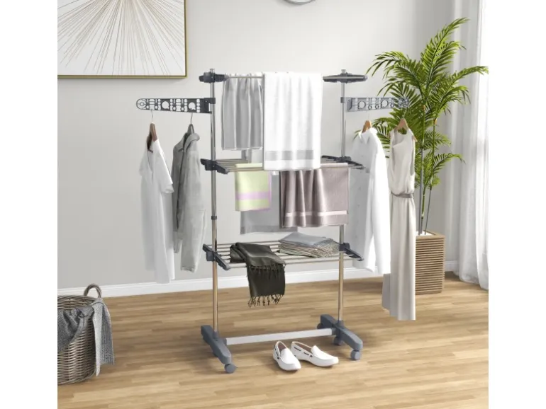 HOMCOM Wäschetrockner mit Rollen 3 Ebenen Klappbar Stahl Grau 142 x 55 x 152 cm