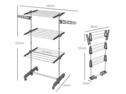 HOMCOM Wäschetrockner mit Rollen 3 Ebenen Klappbar Stahl Grau 142 x 55 x 152 cm
