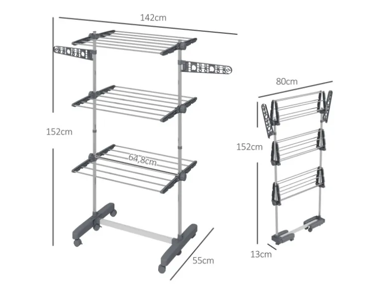 HOMCOM Wäschetrockner mit Rollen 3 Ebenen Klappbar Stahl Grau 142 x 55 x 152 cm
