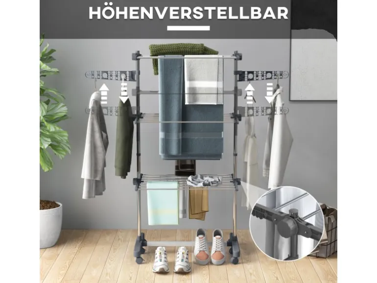 HOMCOM Wäschetrockner mit Rollen 3 Ebenen Klappbar Stahl Grau 142 x 55 x 152 cm