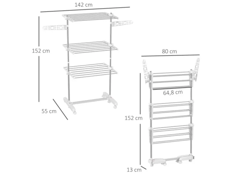 HOMCOM Wäschetrockner mit Rollen 3 Ebenen Klappbar Stahl Weiß 80/142 x 55 x152cm