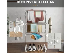 HOMCOM Wäschetrockner mit Rollen 3 Ebenen Klappbar Stahl Weiß 80/142 x 55 x152cm