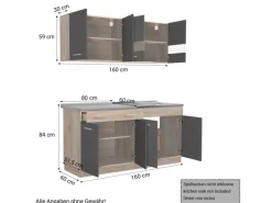 Homestyle4u Küchenzeile 160 cm Eiche Grau