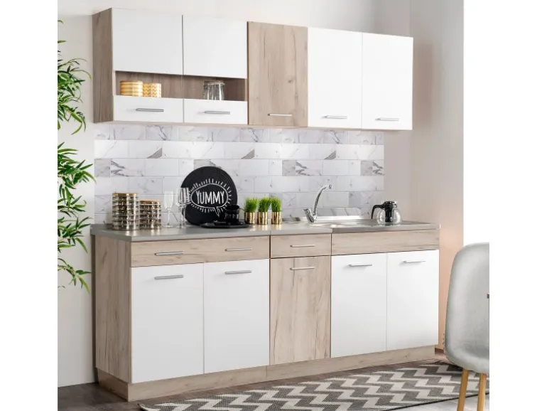 Homestyle4u Küchenzeile ohne Geräte 200 cm Eiche Matt 2356