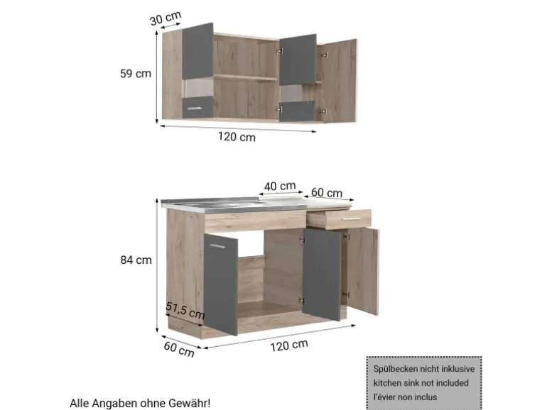 Homestyle4u Küchenzeile ohne Geräte 120 cm Eiche Matt 2359