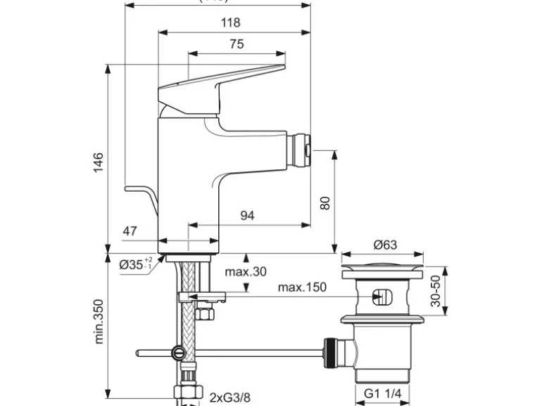 Ideal Standard Bidetarmatur Ceraplan mit Ablaufgarnitur Schwarz Matt