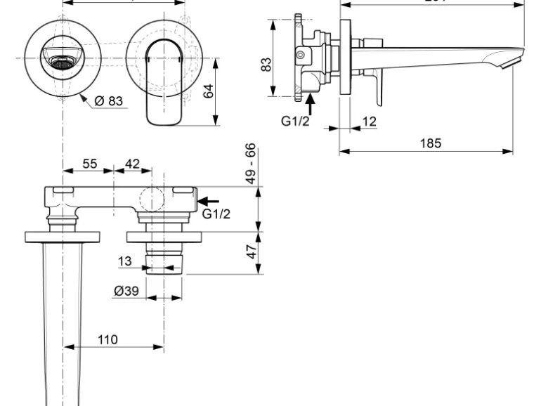 Ideal Standard Wand-Waschtischarmatur Connect Air Ausladung 18,5cm Magnetic Grey