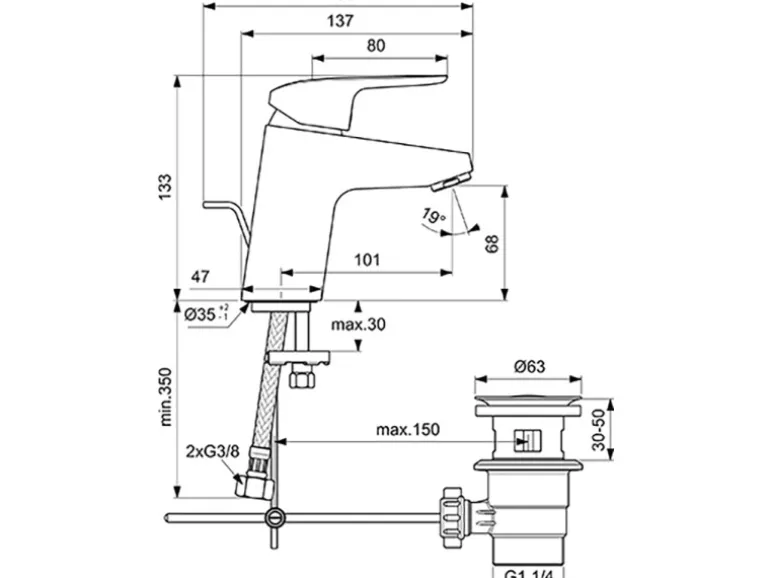 Ideal Standard Waschtischarmatur Ceraflex mit Kunststoff-Ablaufgarnitur Chrom