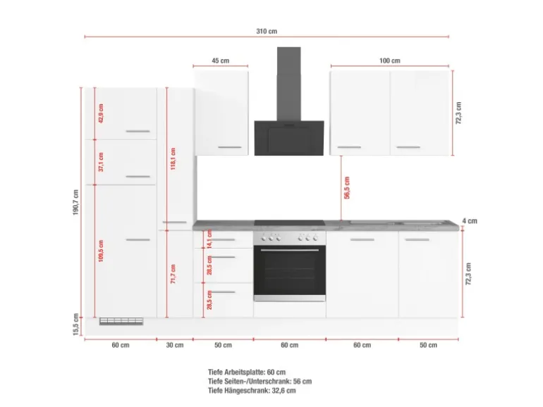 Impuls Küchen Küchenzeile IKZ1310V7 310 cm Weiß mit E-Geräten
