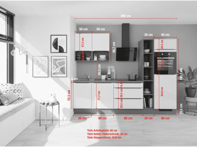Impuls Küchen Küchenzeile IBZ4280P7 280 cm Weiß ohne E-Geräte