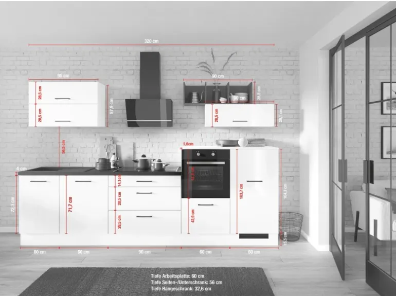 Impuls Küchen Küchenzeile IBZ4320LB 320 cm Weiß Hochglanz ohne E-Geräte