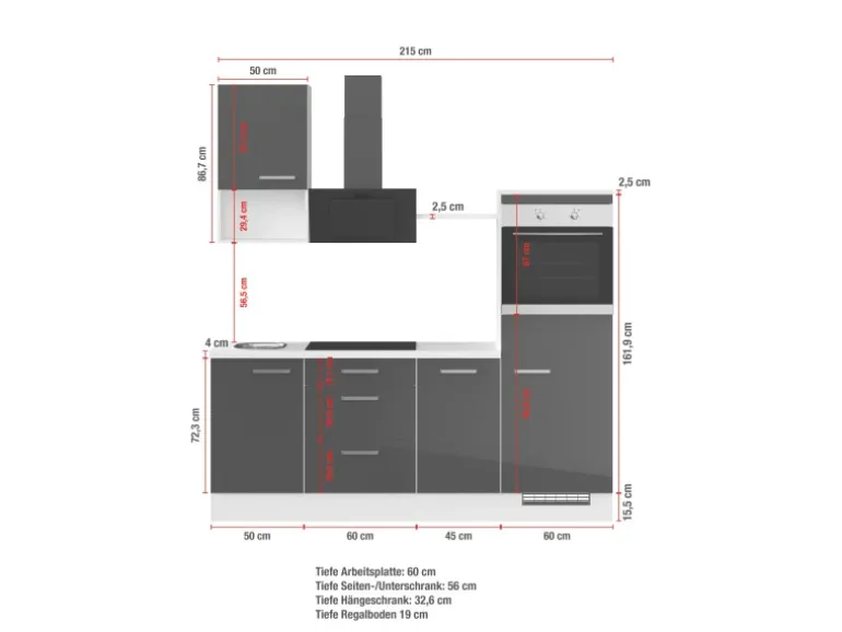 Impuls Küchen Küchenzeile IKZ1215L4 215 cm Weiß Hochglanz mit E-Geräten