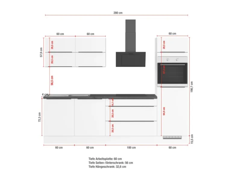 Impuls Küchen Küchenzeile IBZ4280L7 280 cm Grafit ohne E-Geräte