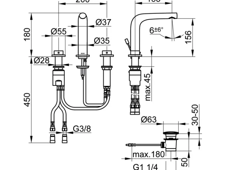 Keuco 3-Loch-Waschtischarmatur 150 Edition 400 51515 Chrom mit Ablaufgarnitur