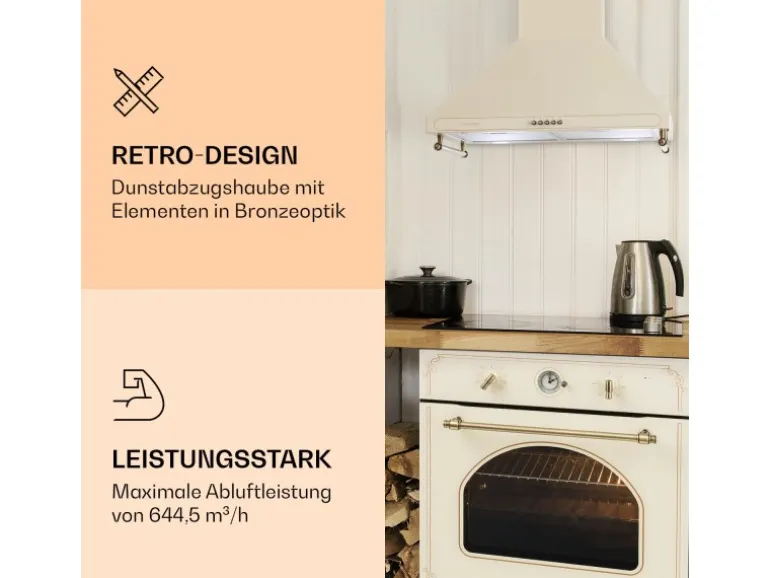 Klarstein Victoria Dunstabzugshaube 60cm Retro-Design 644,5m³/h 2 LED-Lampen Creme
