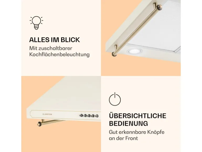Klarstein Victoria Dunstabzugshaube 60cm Retro-Design 644,5m³/h 2 LED-Lampen Creme