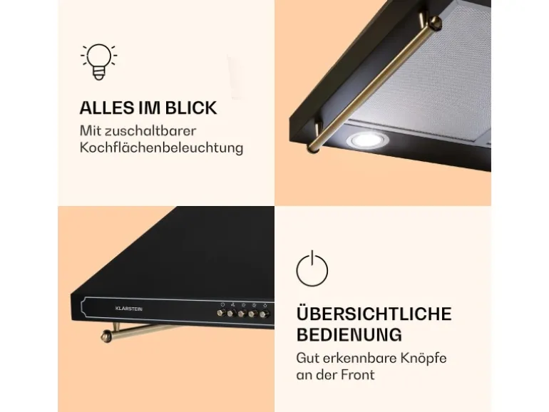 Klarstein Victoria Dunstabzugshaube 60cm Retro-Design 644,5m³/h 2 LED-Lampen Schwarz