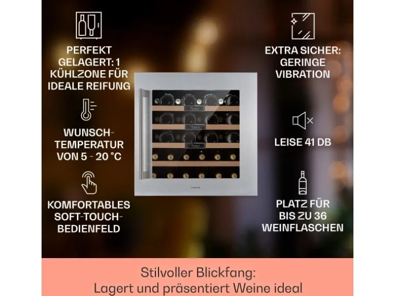 Klarstein Vinsider 36 Built-In Uno Einbau-Weinkühlschrank 36 Flaschen 92 L Edelstahl
