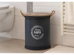 Kobolo Wäschekorb LOFT ANTHRAZIT Gr L 40x52 cm Metall Holz Deckel Griffe