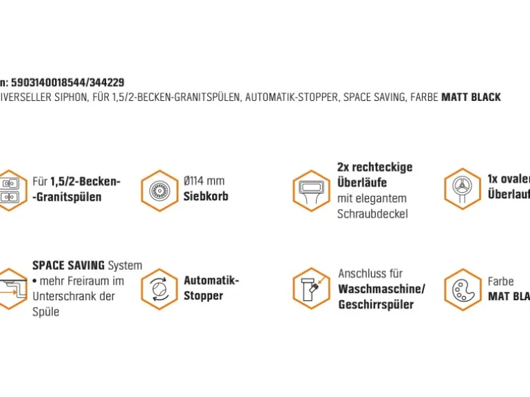 Miló Röhrensiphon-Set für Doppelbecken mit Exzenter Mattschwarz Ø 114 mm