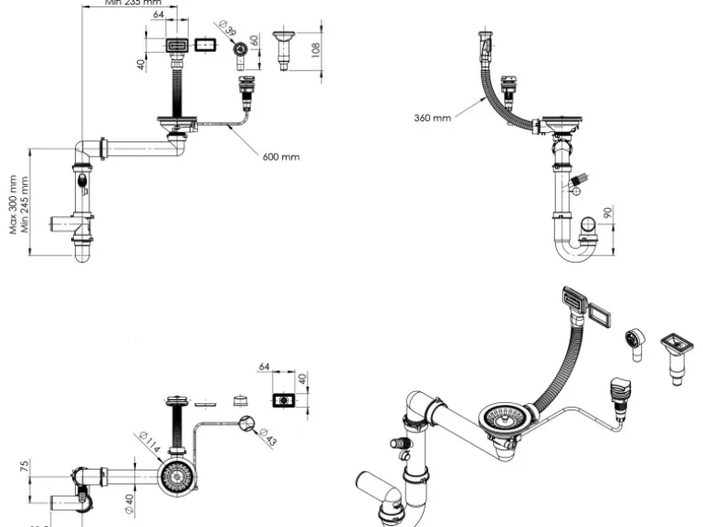 Miló Röhrensiphon-Set mit Exzenter Mattschwarz Ø 114 mm