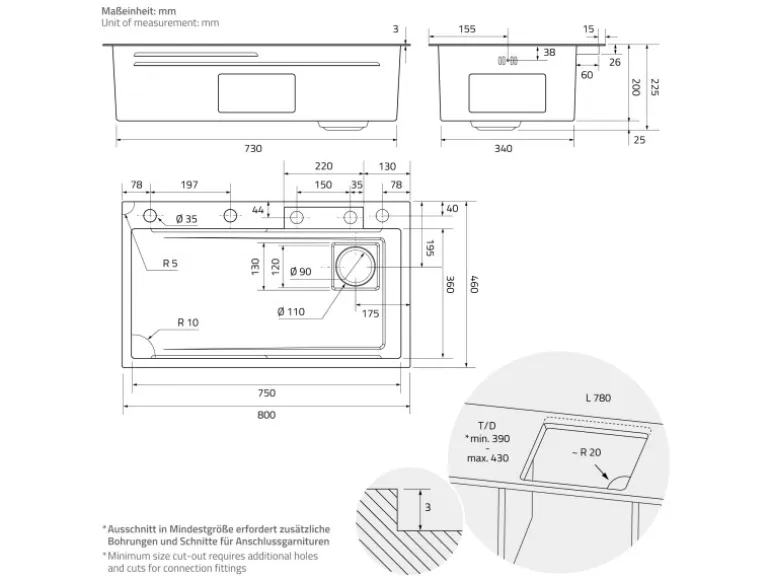 ML-Design Multifunktionale Spülbecken Edelstahl 80x46 cm Anthrazit Rechteckig