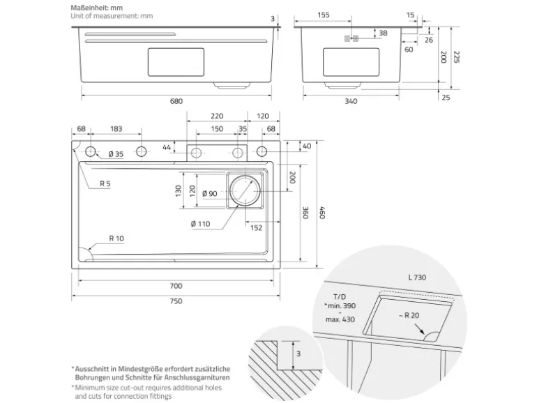 ML-Design Multifunktionale Spülbecken Edelstahl 75x46 cm Anthrazit Rechteckig