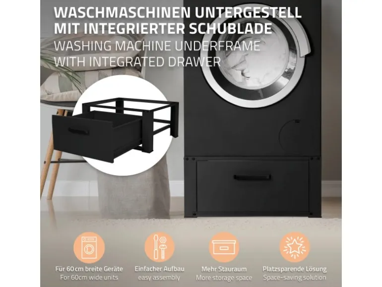 ML-Design Waschmaschinen Untergestell mit Schublade 63x54cm Stahl Schwarz 150kg