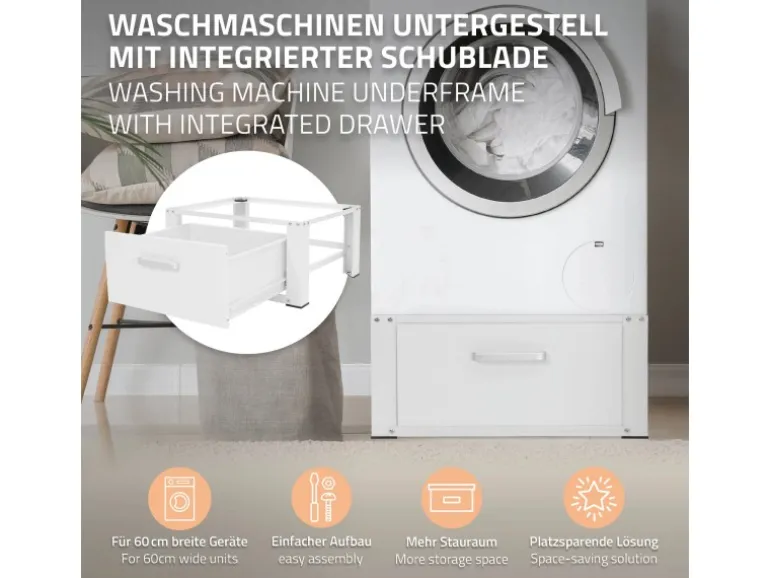 ML-Design Waschmaschinen Untergestell mit Schublade 63x54cm Stahl Weiß bis 150kg